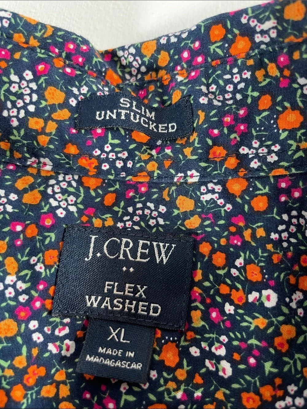 J. Crew Navy Floral L/S Button-Down Shirt with Orange, White and Pink Blooms XL